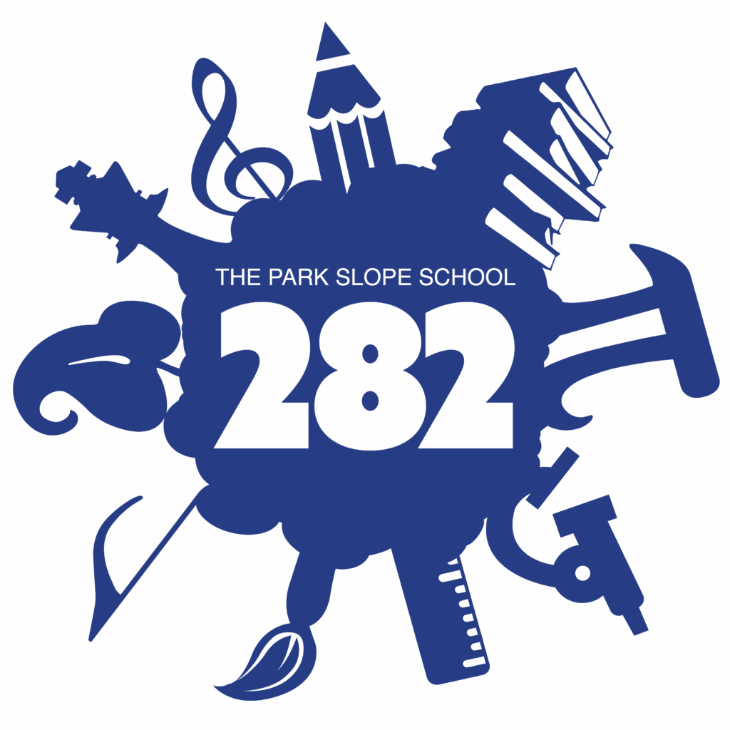 A blue cloud stretching into icons of a treble clef, pencil, books, and more forming a dial around the words The Park Slope School 282
