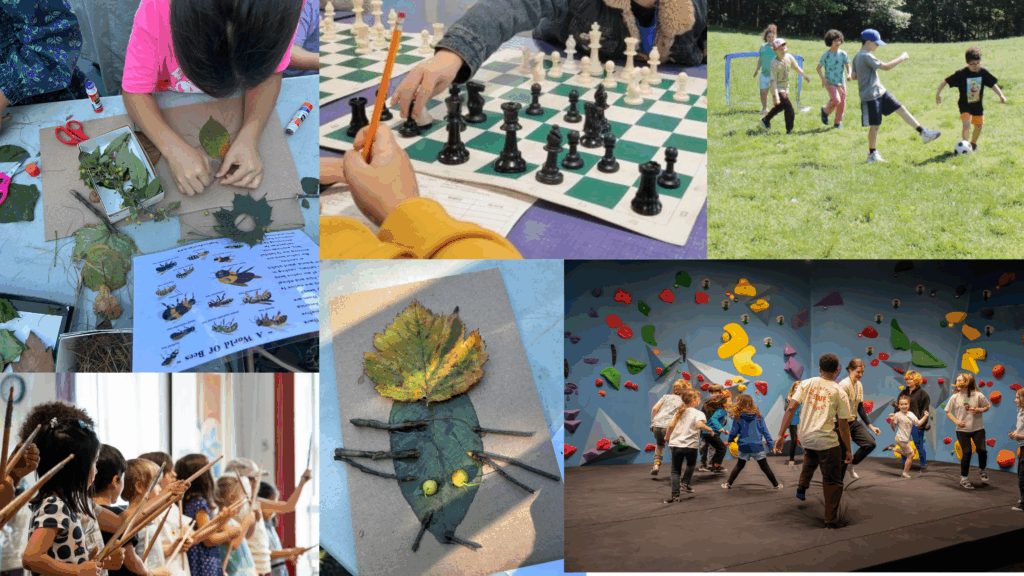A collage of images of children engaged in various activities, including art making with leaves, chess, soccer, rock climbing, and music