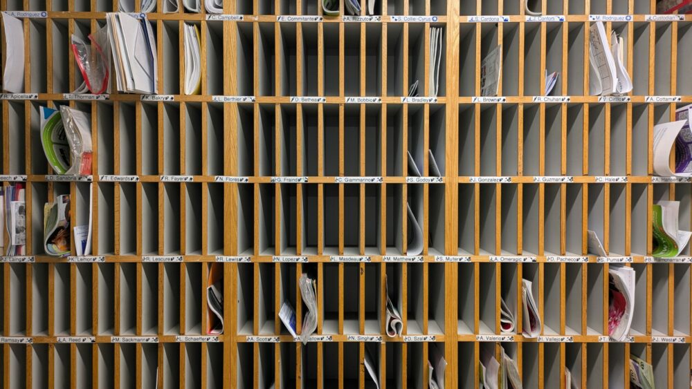Wall of staff mailboxes
