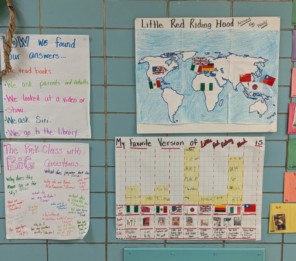 Student hallway display with posters about Little Red Riding Hood, including a world map, charts, and handwritten class work on a tiled wall.